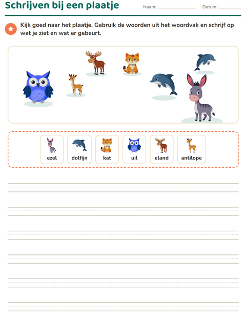 Voorbeeld van het Schrijven bij een plaatje-werkblad met Dieren voor groep 4