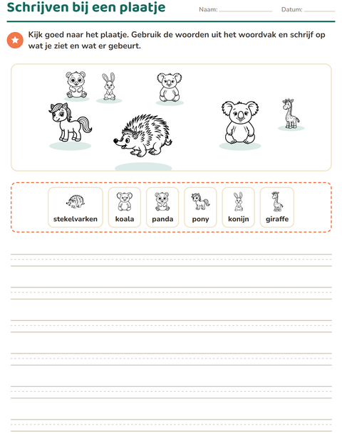 Voorbeeld van het Schrijven bij een plaatje-werkblad met Dieren ZW 2 voor groep 4