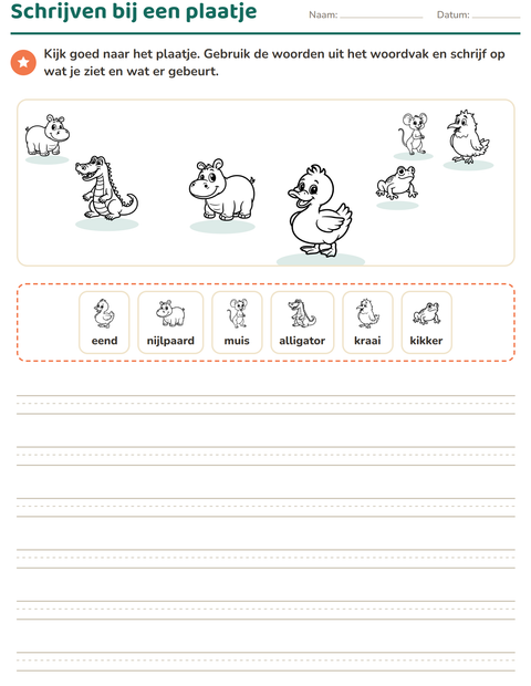 Voorbeeld van het Schrijven bij een plaatje-werkblad met Dieren ZW 3 voor groep 4