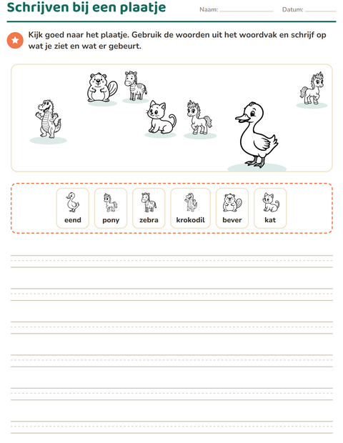 Voorbeeld van het Schrijven bij een plaatje-werkblad met Dieren ZW 4 voor groep 4