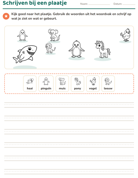 Voorbeeld van het Schrijven bij een plaatje-werkblad met Dieren ZW 5 voor groep 4