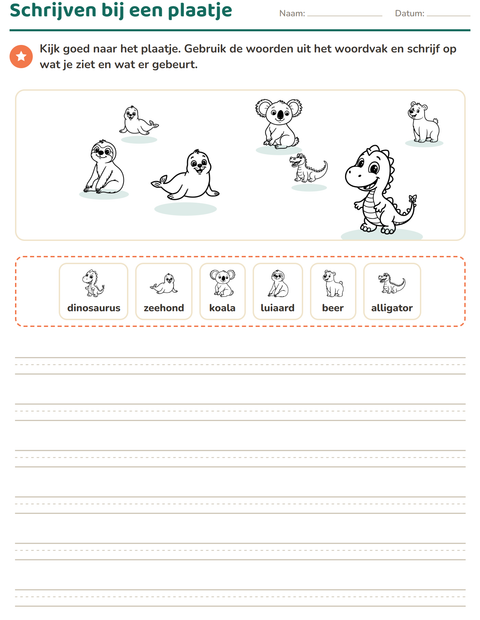 Voorbeeld van het Schrijven bij een plaatje-werkblad met Dierentuindieren ZW voor groep 4