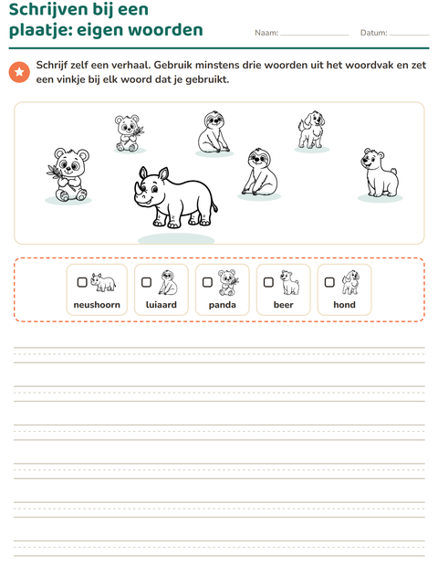 Voorbeeld van het Schrijven bij een plaatje-werkblad met Dierentuindieren ZW voor groep 4