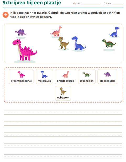 Voorbeeld van het Schrijven bij een plaatje-werkblad met Dinosaurussen voor groep 4