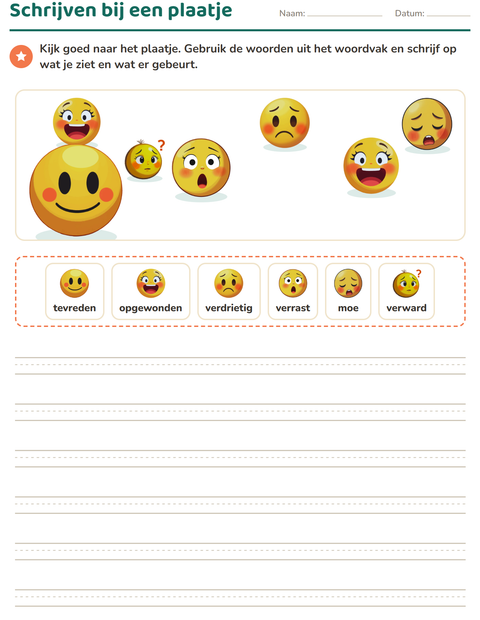 Voorbeeld van het Schrijven bij een plaatje-werkblad met Emoties voor groep 4