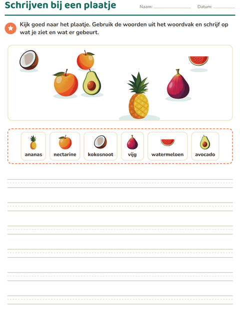 Voorbeeld van het Schrijven bij een plaatje-werkblad met Fruit voor groep 4