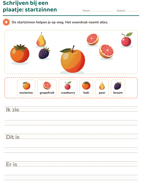 Voorbeeld van het Schrijven bij een plaatje-werkblad met Fruit voor groep 4
