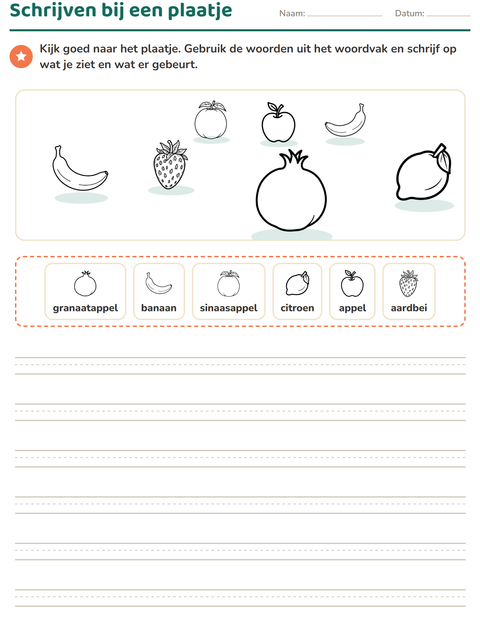 Voorbeeld van het Schrijven bij een plaatje-werkblad met Fruit ZW voor groep 4