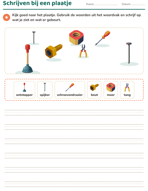 Voorbeeld van het Schrijven bij een plaatje-werkblad met Gereedschap voor groep 4