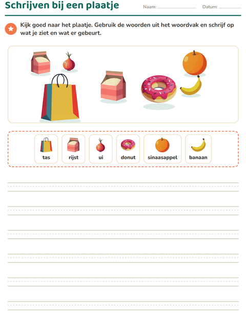 Voorbeeld van het Schrijven bij een plaatje-werkblad met In de supermarkt voor groep 4