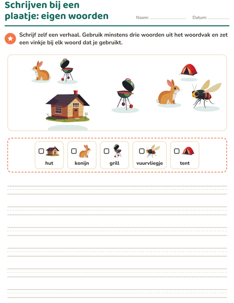 Voorbeeld van het Schrijven bij een plaatje-werkblad met Kamperen voor groep 4