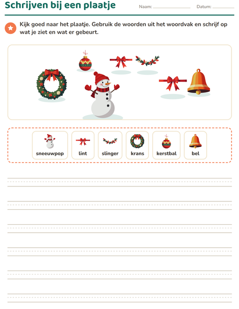 Voorbeeld van het Schrijven bij een plaatje-werkblad met Kerstmis voor groep 4