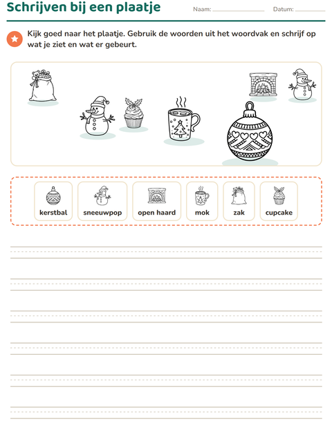 Voorbeeld van het Schrijven bij een plaatje-werkblad met Kerstmis Z/W 2 voor groep 4