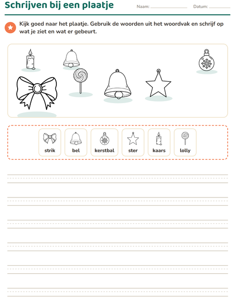 Voorbeeld van het Schrijven bij een plaatje-werkblad met Kerstmis Z/W voor groep 4