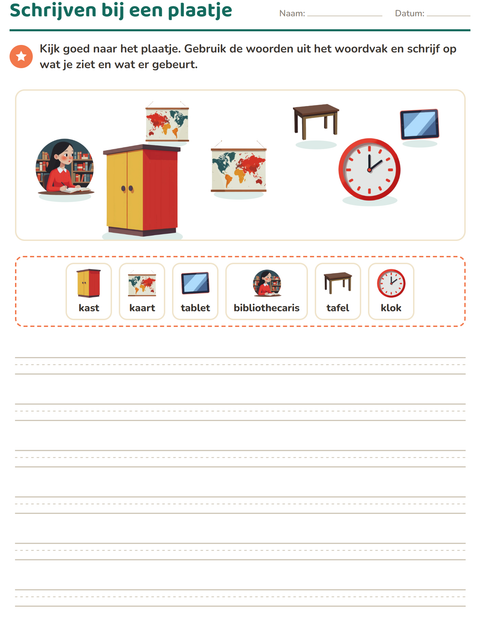 Voorbeeld van het Schrijven bij een plaatje-werkblad met Klaslokaal voor groep 4