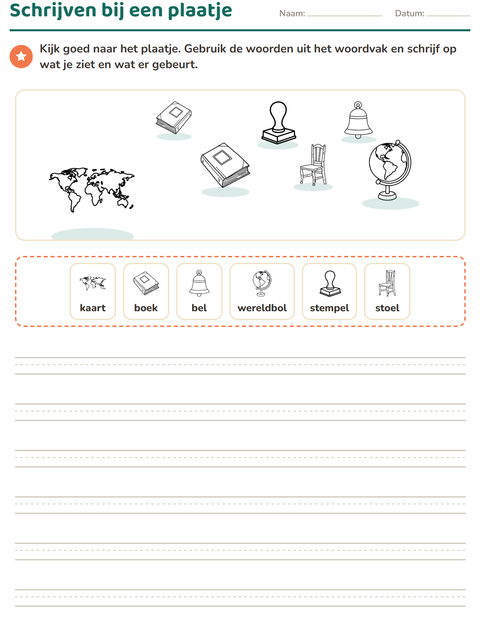 Voorbeeld van het Schrijven bij een plaatje-werkblad met Klaslokaal (Z/W) voor groep 4