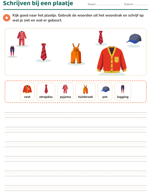 Voorbeeld van het Schrijven bij een plaatje-werkblad met Kleding voor groep 4