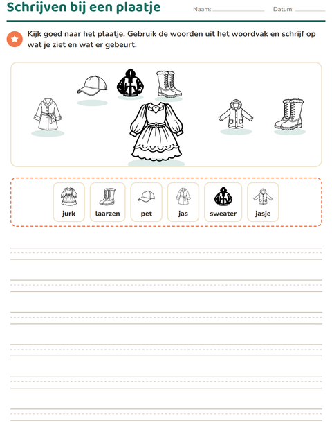 Voorbeeld van het Schrijven bij een plaatje-werkblad met Kleding ZW voor groep 4