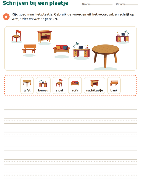 Voorbeeld van het Schrijven bij een plaatje-werkblad met Meubels voor groep 4
