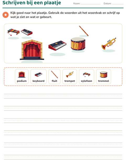 Voorbeeld van het Schrijven bij een plaatje-werkblad met Muziek voor groep 4