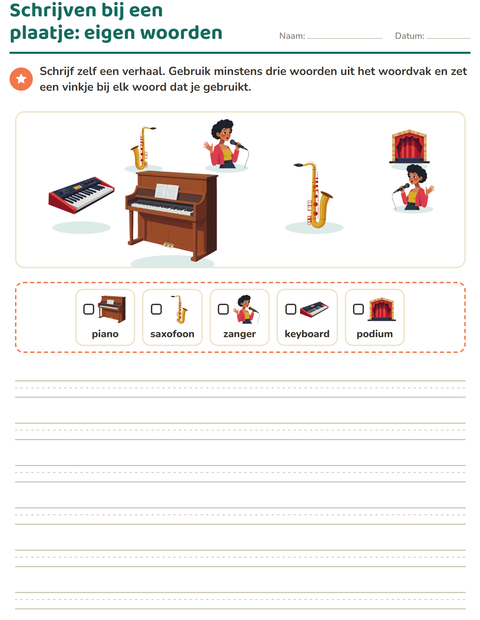 Voorbeeld van het Schrijven bij een plaatje-werkblad met Muziek voor groep 4
