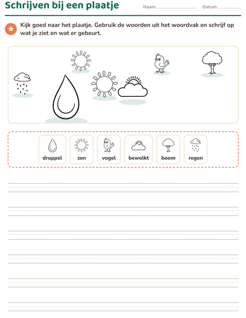 Voorbeeld van het Schrijven bij een plaatje-werkblad met Natuur ZW voor groep 4