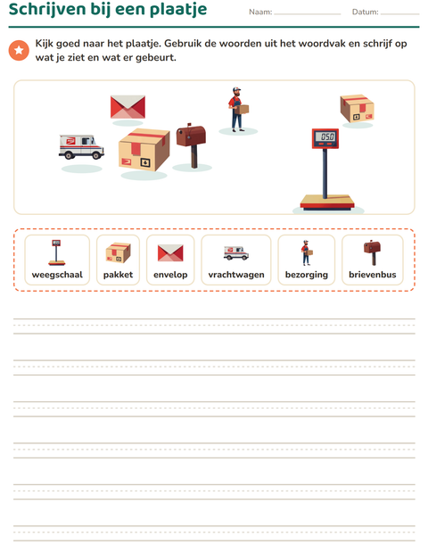 Voorbeeld van het Schrijven bij een plaatje-werkblad met Postkantoor voor groep 4