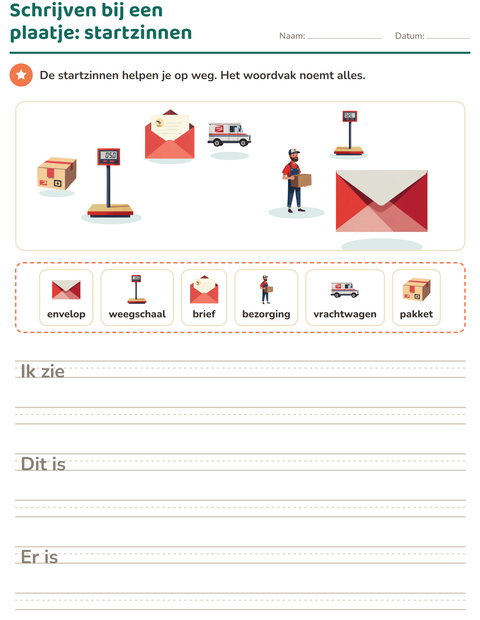Voorbeeld van het Schrijven bij een plaatje-werkblad met Postkantoor voor groep 4