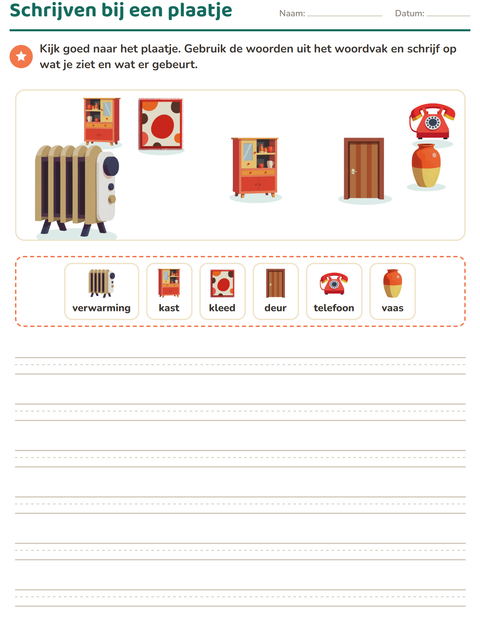 Voorbeeld van het Schrijven bij een plaatje-werkblad met Rond het huis voor groep 4