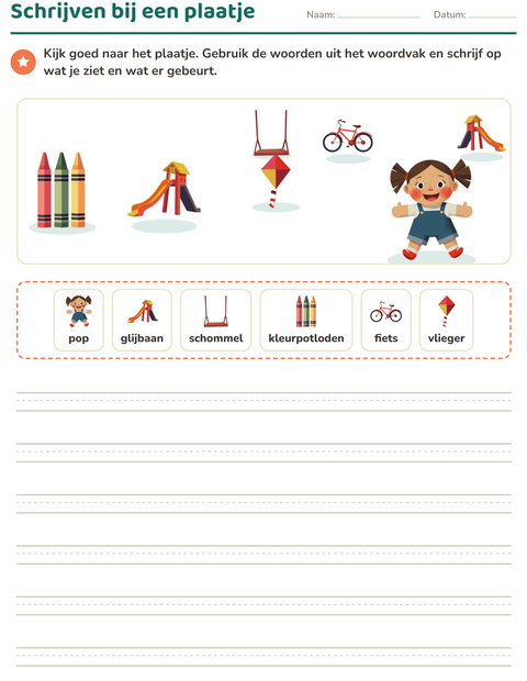 Voorbeeld van het Schrijven bij een plaatje-werkblad met Speelgoed voor groep 4