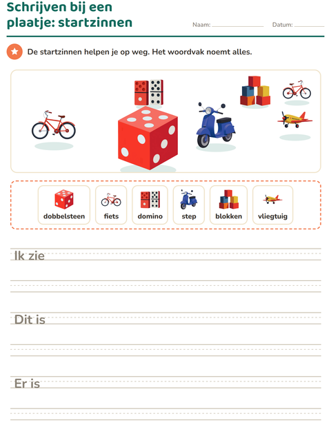 Voorbeeld van het Schrijven bij een plaatje-werkblad met Speelgoed voor groep 4
