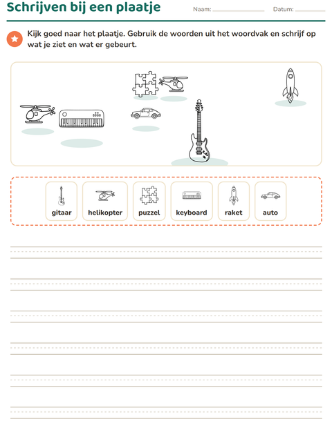 Voorbeeld van het Schrijven bij een plaatje-werkblad met Speelgoed ZW 2 voor groep 4