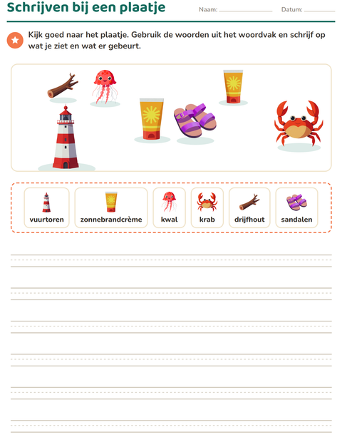 Voorbeeld van het Schrijven bij een plaatje-werkblad met Strand voor groep 4
