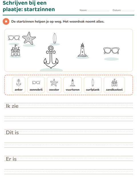 Voorbeeld van het Schrijven bij een plaatje-werkblad met Strand ZW voor groep 4