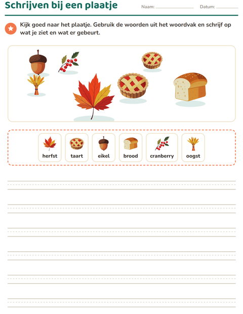 Voorbeeld van het Schrijven bij een plaatje-werkblad met Thanksgiving voor groep 4