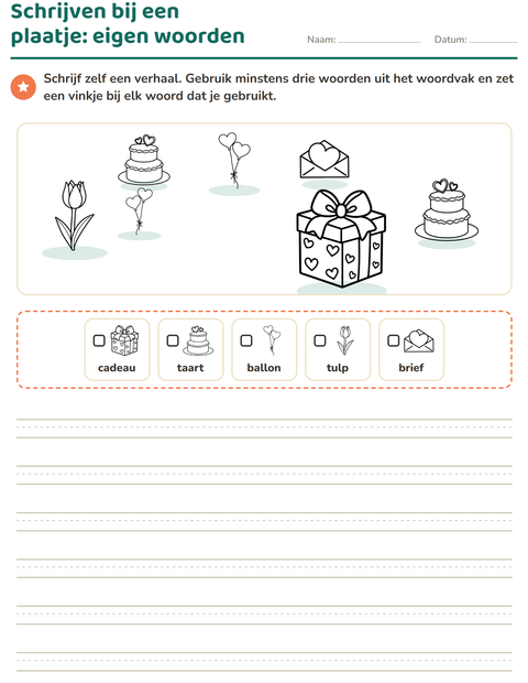 Voorbeeld van het Schrijven bij een plaatje-werkblad met Valentijnsdag ZW 2 voor groep 4