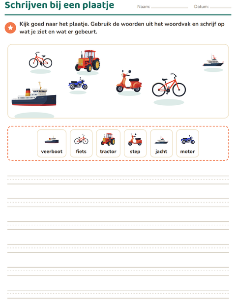 Voorbeeld van het Schrijven bij een plaatje-werkblad met Voertuigen voor groep 4