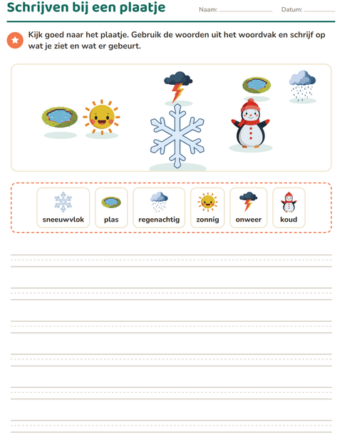 Voorbeeld van het Schrijven bij een plaatje-werkblad met Weer voor groep 4