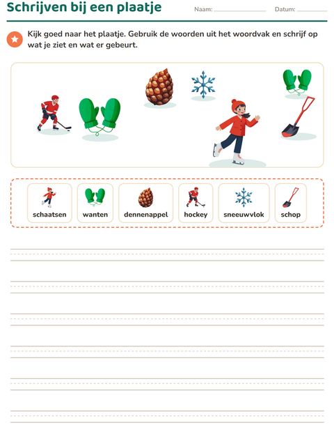Voorbeeld van het Schrijven bij een plaatje-werkblad met Winter voor groep 4