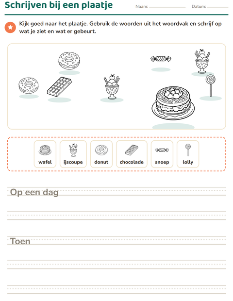 Voorbeeld van het Schrijven bij een plaatje-werkblad met Nagerecht (Z/W) voor groep 4