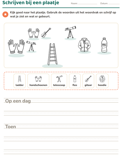 Voorbeeld van het Schrijven bij een plaatje-werkblad met Objecten ZW voor groep 4
