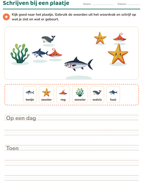 Voorbeeld van het Schrijven bij een plaatje-werkblad met Oceaanleven voor groep 4