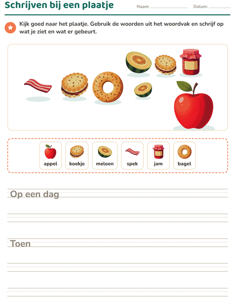 Voorbeeld van het Schrijven bij een plaatje-werkblad met Ontbijt voor groep 4