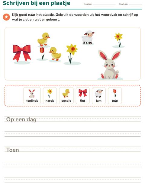 Voorbeeld van het Schrijven bij een plaatje-werkblad met Pasen voor groep 4