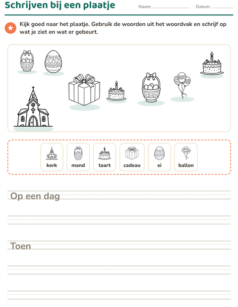 Voorbeeld van het Schrijven bij een plaatje-werkblad met Pasen ZW 2 voor groep 4