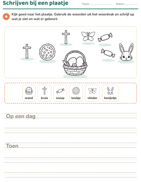 Voorbeeld van het Schrijven bij een plaatje-werkblad met Pasen ZW voor groep 4