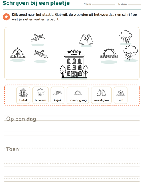 Voorbeeld van het Schrijven bij een plaatje-werkblad met Reizen en Vakantie ZW voor groep 4