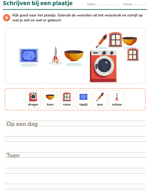 Voorbeeld van het Schrijven bij een plaatje-werkblad met Rond het huis voor groep 4