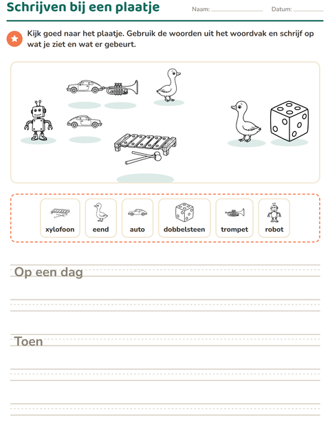 Voorbeeld van het Schrijven bij een plaatje-werkblad met Speelgoed ZW 2 voor groep 4