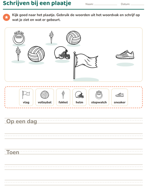 Voorbeeld van het Schrijven bij een plaatje-werkblad met Sport ZW 2 voor groep 4
